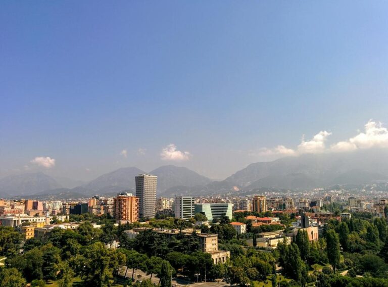 The City of Tirana in Albania Under Blue Sky